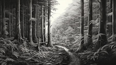 Digital painting of a misty forest with a path in the middleの素材