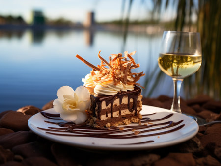 Chocolate cake with whipped cream and white wine on the river bankの素材