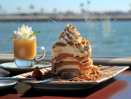 coffee and cake on the table with the sea in the backgroundの素材