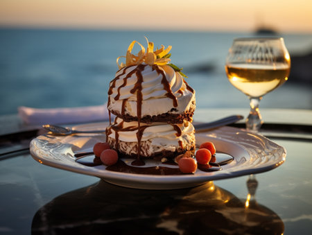 Cake with ice cream and a glass of white wine on the background of the seaの素材