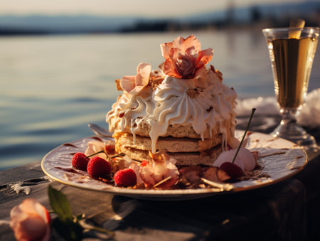 Pancakes with strawberries on a wooden table by the lake.の素材