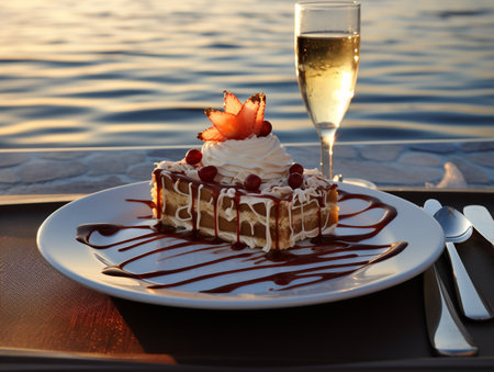 Tiramisu cake with a glass of champagne on the background of the seaの素材