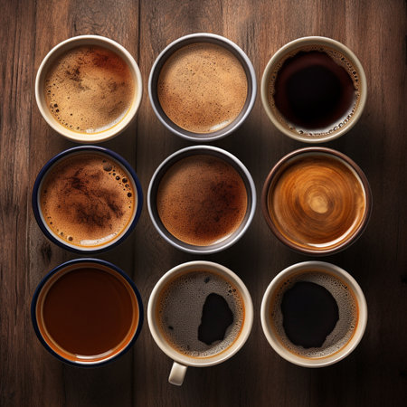Coffee cups on wooden background. Top view. Flat layの素材