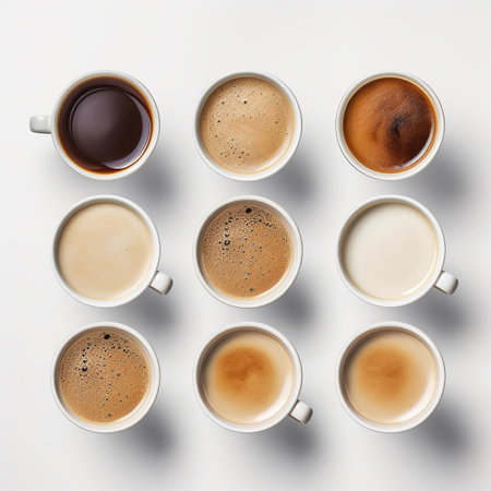 Coffee cups on white background. Flat lay, top viewの素材