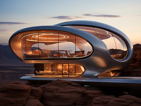 3D rendering of a futuristic car in the desert at sunset.の素材
