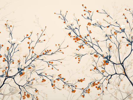 Tree branches with autumn leaves and berries. Vector illustration in vintage style.の素材
