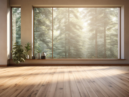 interior with large window, wood floor and plant 3d renderの素材
