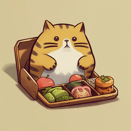 Illustration of a cat in a box with sushi and rolls.の素材