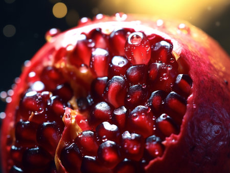 Close up of pomegranate fruit with water drops on itの素材
