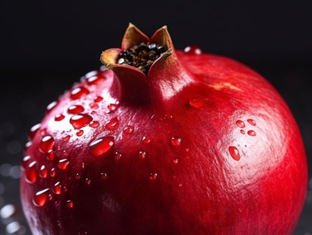 Ripe pomegranate with water drops on a black backgroundの素材