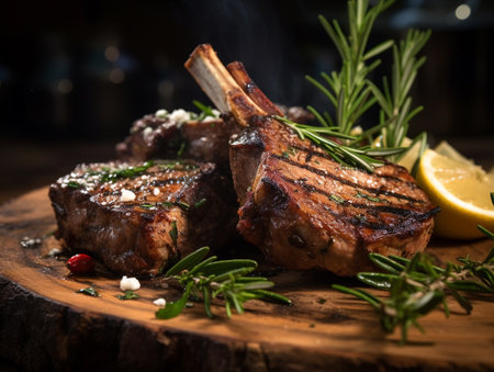 Grilled lamb chops with rosemary and lemon on a wooden boardの素材