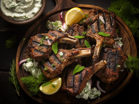Grilled lamb chops with tzatziki sauce and parsleyの素材