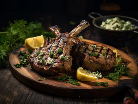 Grilled lamb chops with tzatziki sauce, lemon and parsleyの素材