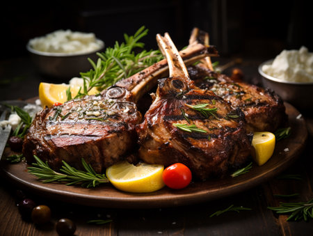 Grilled lamb chops with spices and herbs on a wooden table.の素材