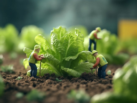 Miniature people : Farmers working on lettuce seedlings in the gardenの素材