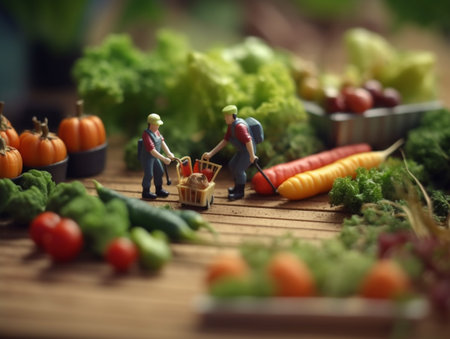 Miniature people : Farmer working with fresh vegetables on wooden table.の素材