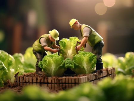 Miniature people : Farmers are planting fresh lettuce in the garden.の素材