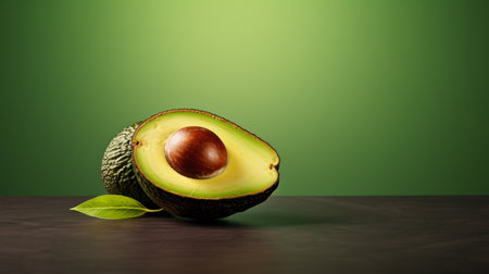 Avocado on a wooden table with green background and copy space.の素材