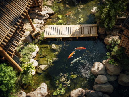 Koi fish swimming in a pond in a Japanese garden. Top view.の素材