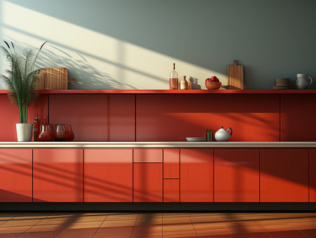 Kitchen countertop with red cupboards and vases. 3d renderingの素材