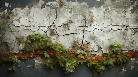 Old wall with green moss and concrete wall. Abstract background for design.の素材