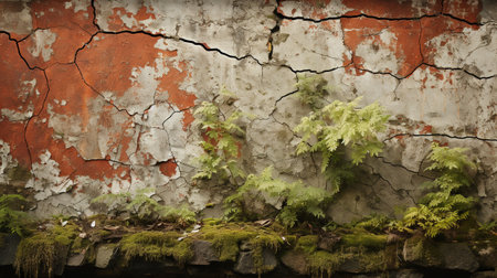 Old wall with moss and fern in the garden, Thailand.の素材
