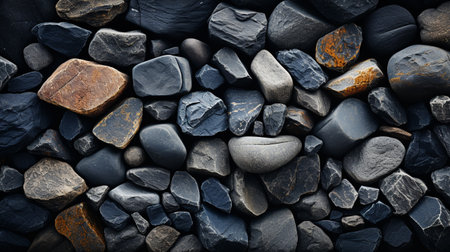 Close up of black and gray pebble stones texture background.の素材