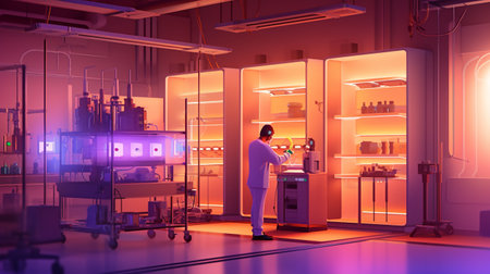 Illustration of a contemporary mechanical testing laboratory with a technician at work. The lighting in the laboratory is coordinated with the needs of the test to be performed.の素材
