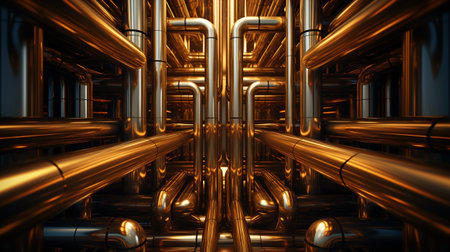 3D rendering of golden metallic pipes in a futuristic industrial space.の素材