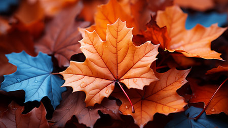 Colorful autumn leaves with water drops close-up. Autumn backgroundの素材