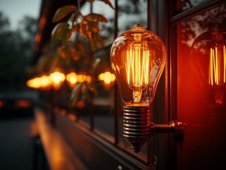 vintage light bulb on the background of the street in the eveningの素材