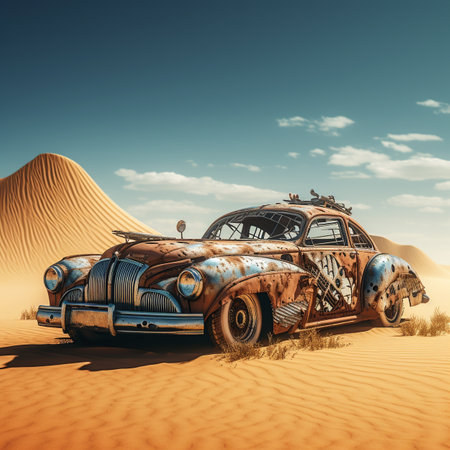 Abandoned car in the desert. 3d illustration. Vintage style.の素材
