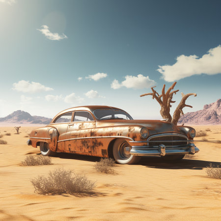 Vintage car in the desert. 3D render. Retro style.の素材