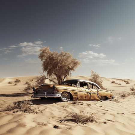 Abandoned car in the desert. Retro car in the sand.の素材