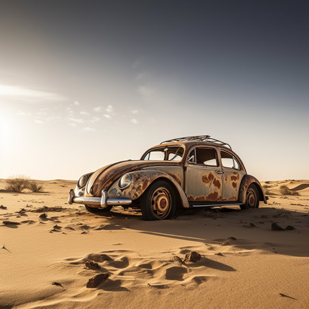 Old car in the desert. Retro car in the Sahara desert.の素材