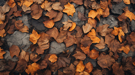 Fallen autumn leaves on the ground. Natural background. Top view.の素材