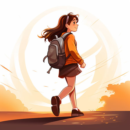 Vector illustration of a girl with a backpack goes along the road.の素材