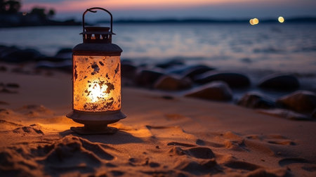 Lantern on the beach at sunset. Beautiful evening landscape.の素材