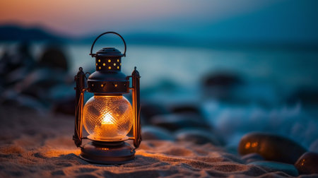 Lantern on the beach at sunset. Travel concept background.の素材
