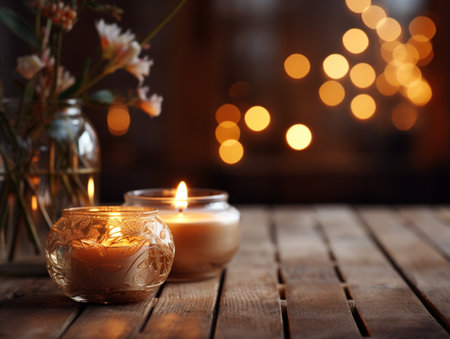 Burning candles and flowers on wooden table in front of defocused lightsの素材