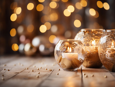 Christmas candles on a wooden background with bokeh lights in the backgroundの素材