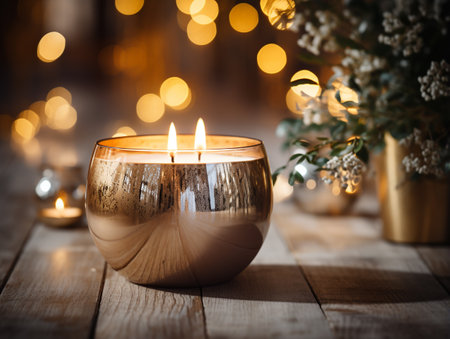 Burning candle in a glass candlestick on a wooden backgroundの素材