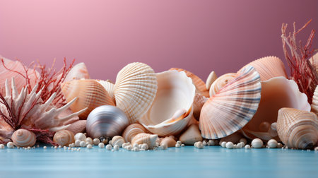 Seashells on a blue background with space for text.の素材