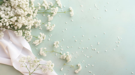 White gypsophila flowers on blue background. Flat lay, top viewの素材