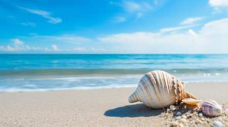 Seashells on the sandy beach with blue sea and sky backgroundの素材