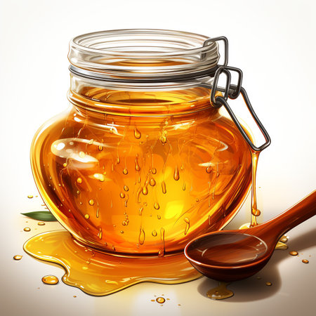 Honey in glass jar with wooden spoon and honey drops on white backgroundの素材