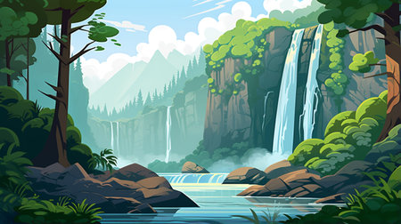 Waterfall in the jungle. Waterfall in the mountains. Vector illustrationの素材