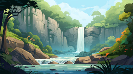Waterfall in the forest. Vector illustration in flat cartoon style.の素材
