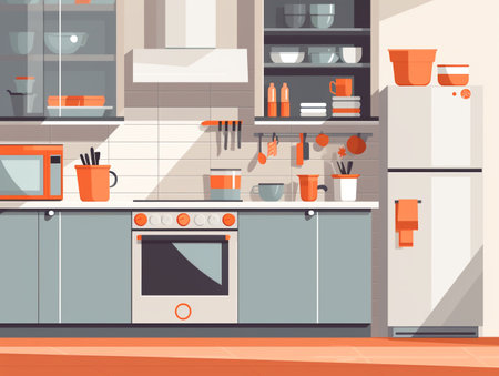 Kitchen interior with furniture and appliances. Flat style vector illustration.の素材