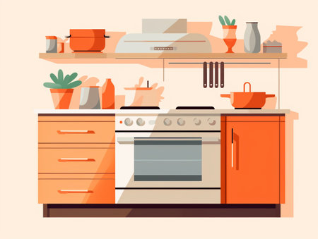 Kitchen interior with furniture and equipment. Vector illustration in flat styleの素材